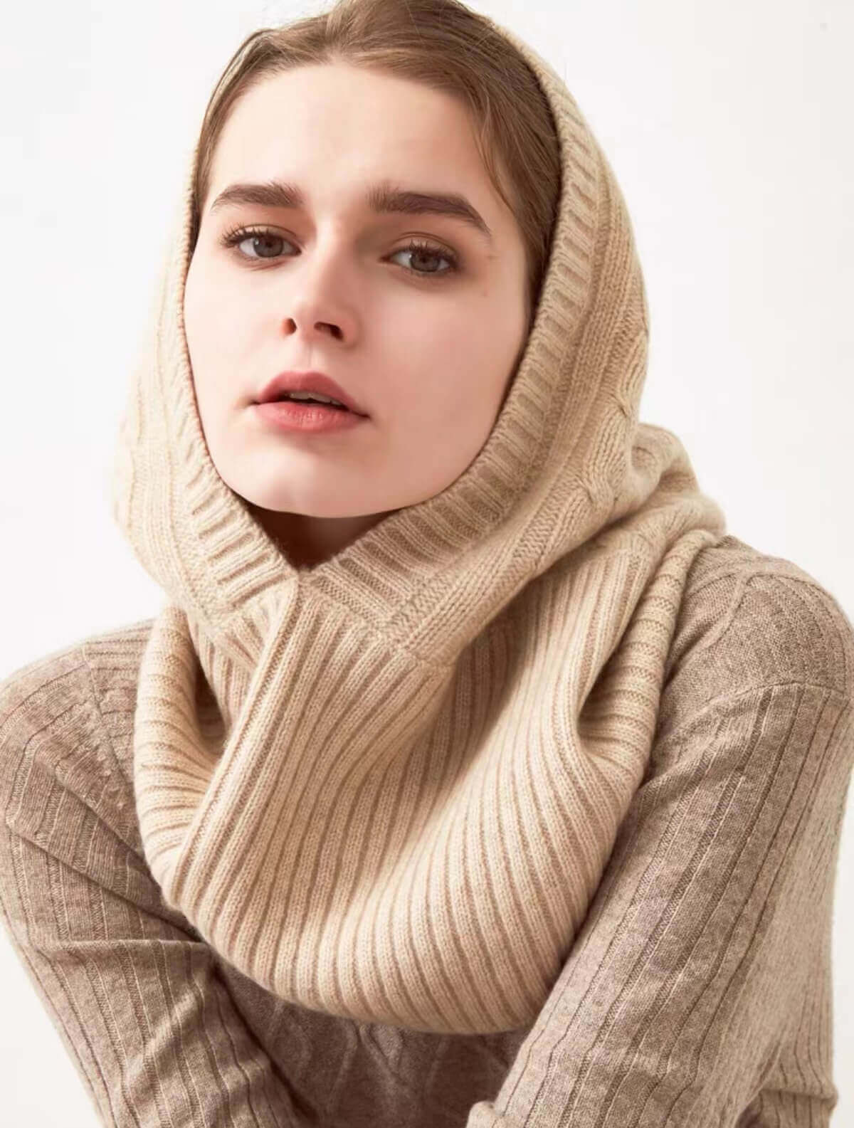 100% cashmere cable-knit balaclava hat in undyed beige,cashmere face hood for women,ski balaclava cashmere