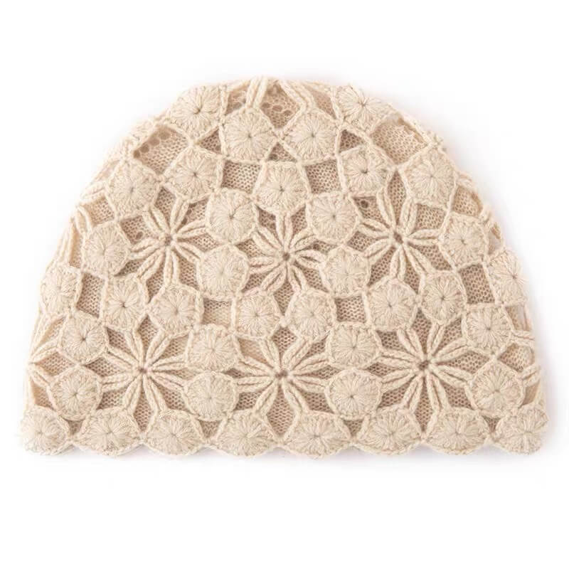 Luxury 100% cashmere handmade crochet beanie hat openwork crochet detail close-up