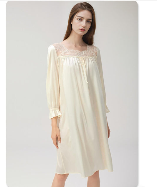 Coconut white silk nightgown with lace-trimmed square neckline