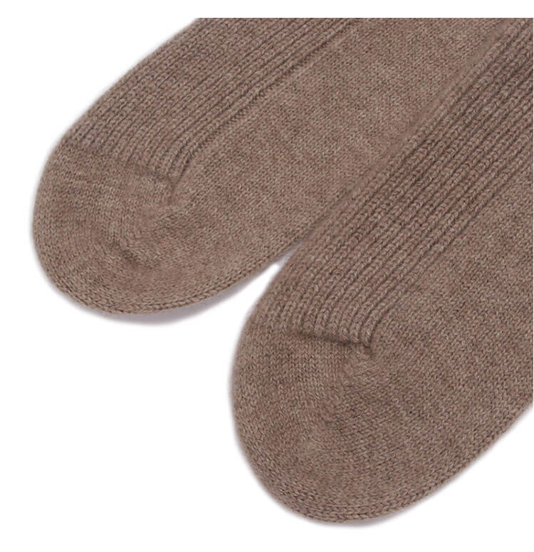 Camel color cashmere socks for women, thick ribbed knit, elegant neutral tone.