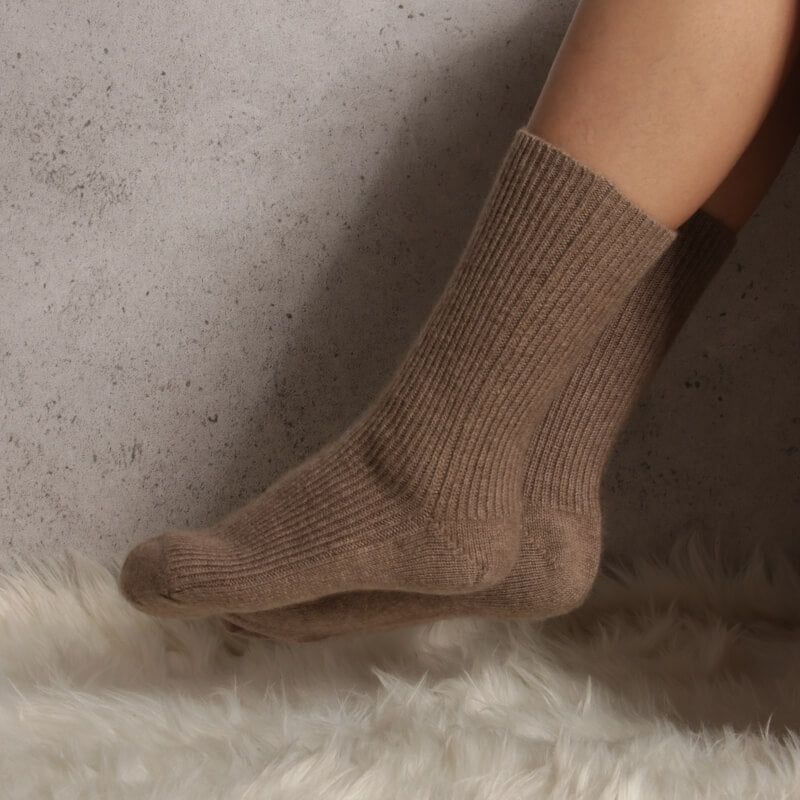 Camel color cashmere socks for women, thick ribbed knit, elegant neutral tone.