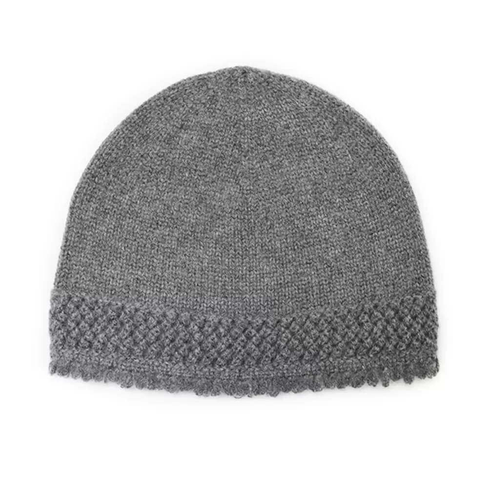 Women’s 100% cashmere knit grey hat with tassel edge – soft, warm winter beanie for women
