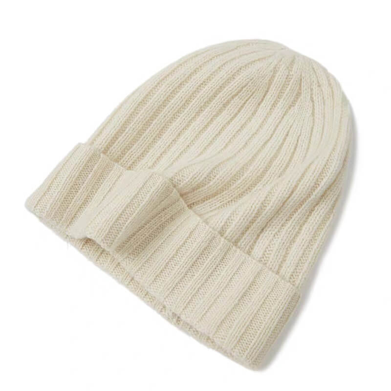 Classic white 100% cashmere ribbed beanie, minimalist luxury cashmere hat for cozy winter fashion.