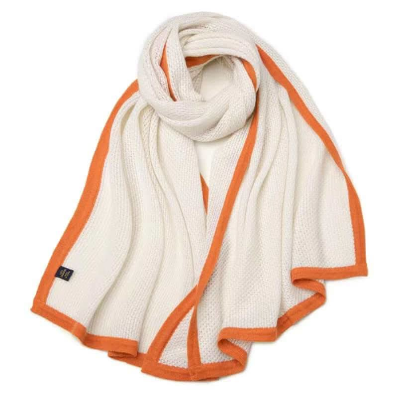 Women's knitted cashmere scarf shawl with orange color hems