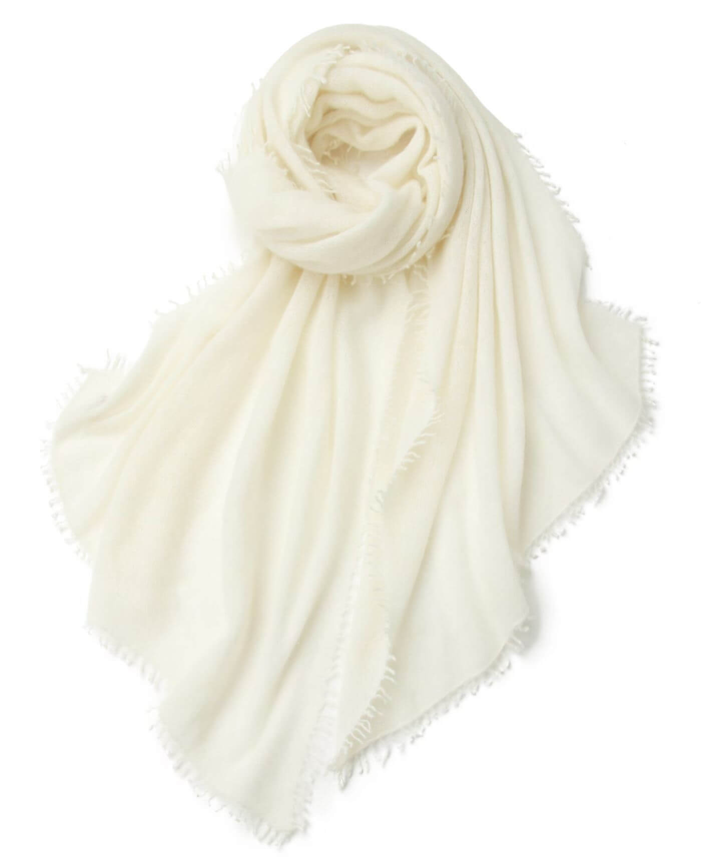 100% Cashmere Lightweight Knit Scarf with Hand-Twisted Fringes in white