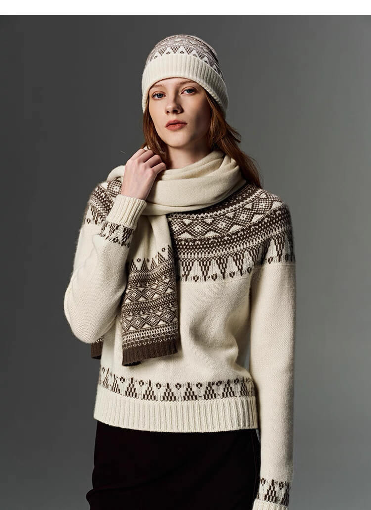 Luxury cashmere Fair Isle scarf white base,Premium Fair Isle geometric cashmere scarf