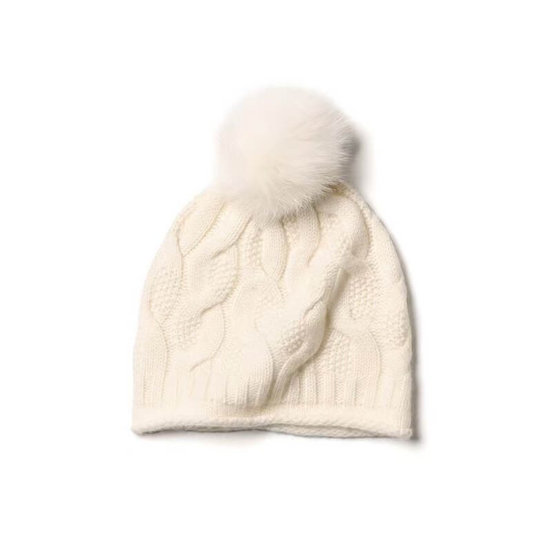 women' s cashmere cable knit pom pom beanie hat in pure white