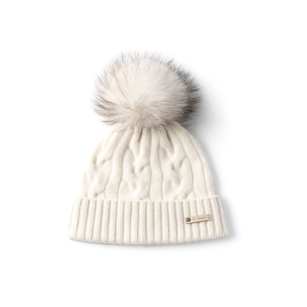 cashmere cable knitting beanie hats with pom pom in white