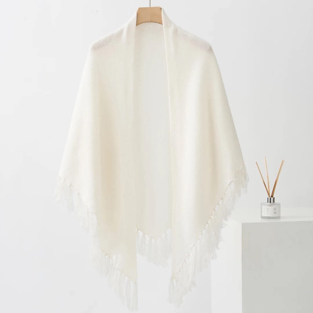 Women’s Chunky Fringe Triangle Cashmere Scarf in white color 