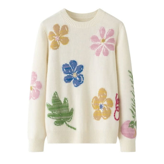 White Cashmere Jacquard Crewneck Sweater