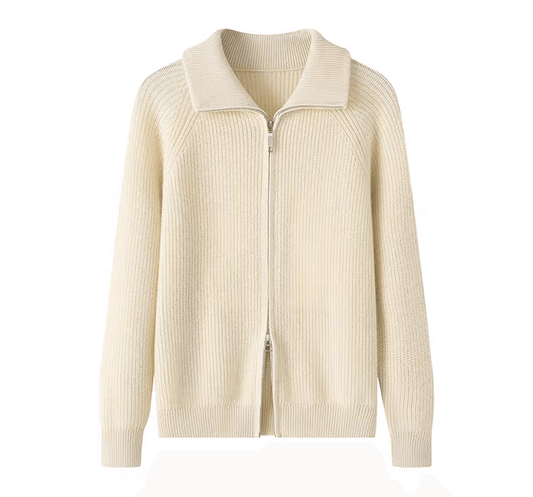 women's full zipper cashmere cardigan sweater in white. Everything about this cardigan is wonderful