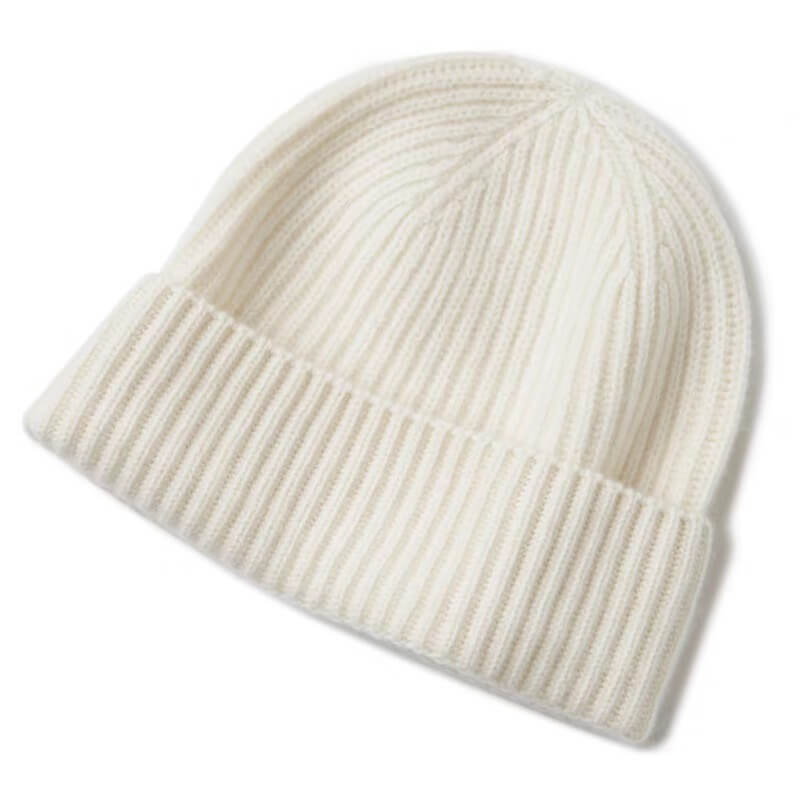 Unisex 100% Pure Cashmere Rib-Knit Beanie in white color 