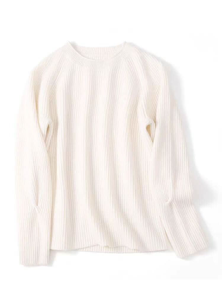 cashmere sweater for women in white color in ribbed crew neck