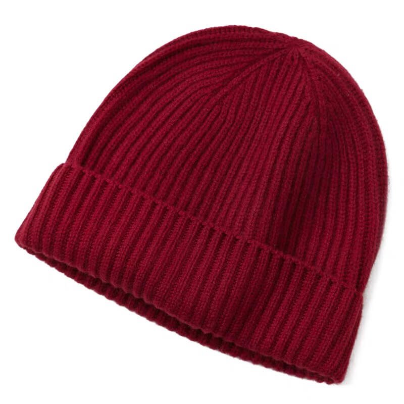 Unisex 100% Pure Cashmere Rib-Knit Beanie in wine red 