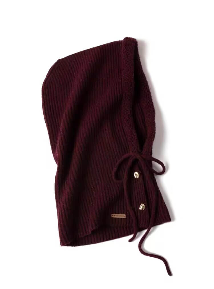 Women’s 100% Cashmere Ribbed Hoodie Balaclava with Gold Buckles in wine red 