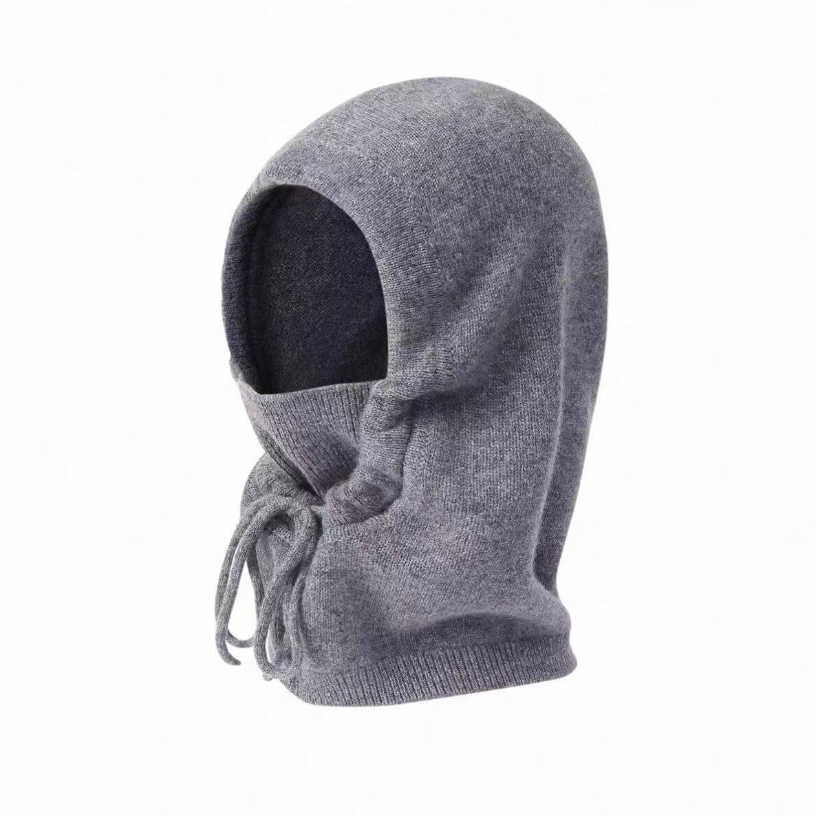 Luxury winter cashmere balaclava drawstring hood, ribbed face covering, elevated cold-weather essential.