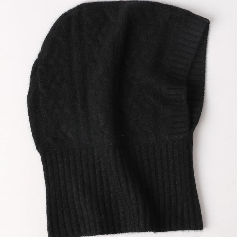 women's cashmere hoodie cable knitting hats in black, black cashmere balaclava, camel color cashmere hat, cashmere ski mask.