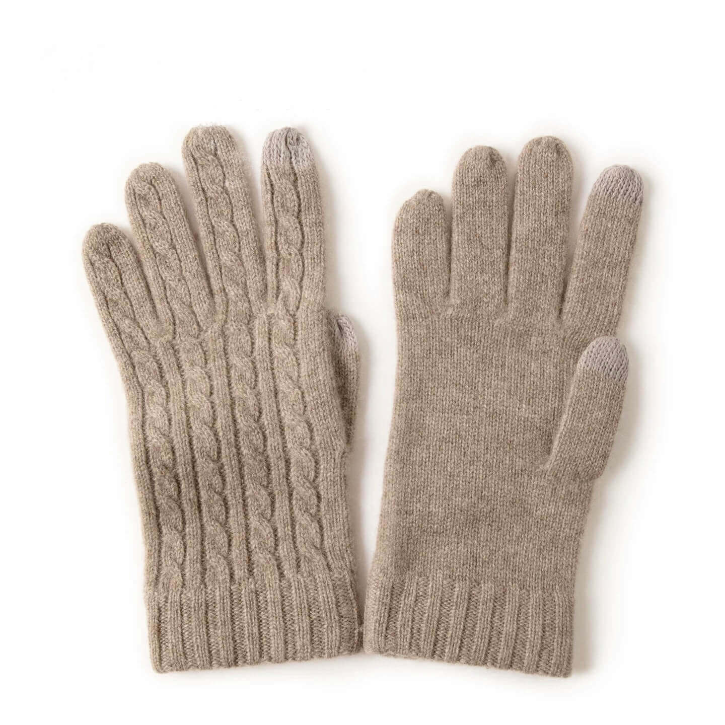 Front view of luxury cashmere touchscreen cable knit gloves