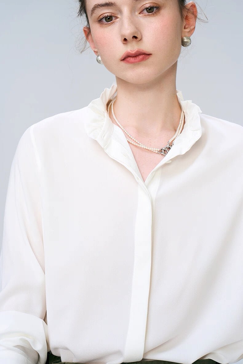 Pure white 100% mulberry silk ruffle collar shirt,	Detail of 22 momme silk crepe blouse