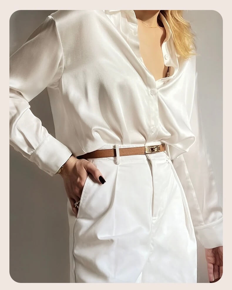 Women’s 100% mulberry silk shirt in ivory,Relaxed-fit 22 momme silk shirt