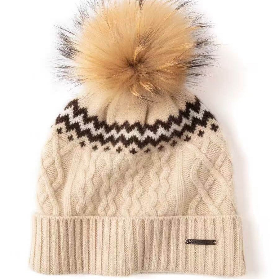 Women’s 100% Cashmere Cable Knit Pom Pom Hat in beige 