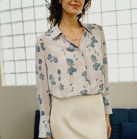 women 100 percent mulberry silk printed blouse ice blue long sleeve silk shirt