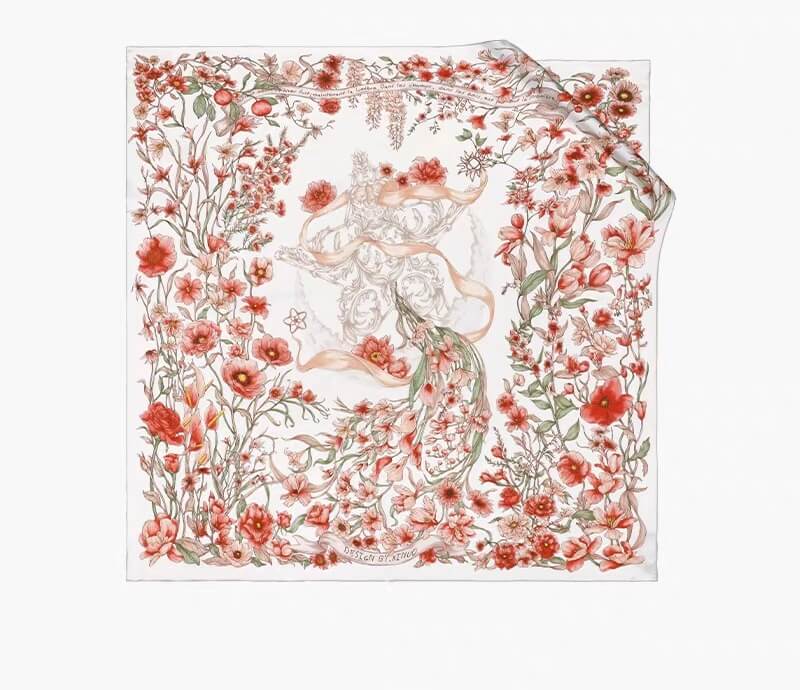 Floral and peacock design silk square scarf 