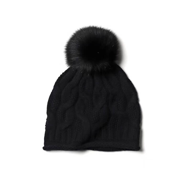 women' s cashmere cable knit pom pom beanie hat in black, the best beanie for women