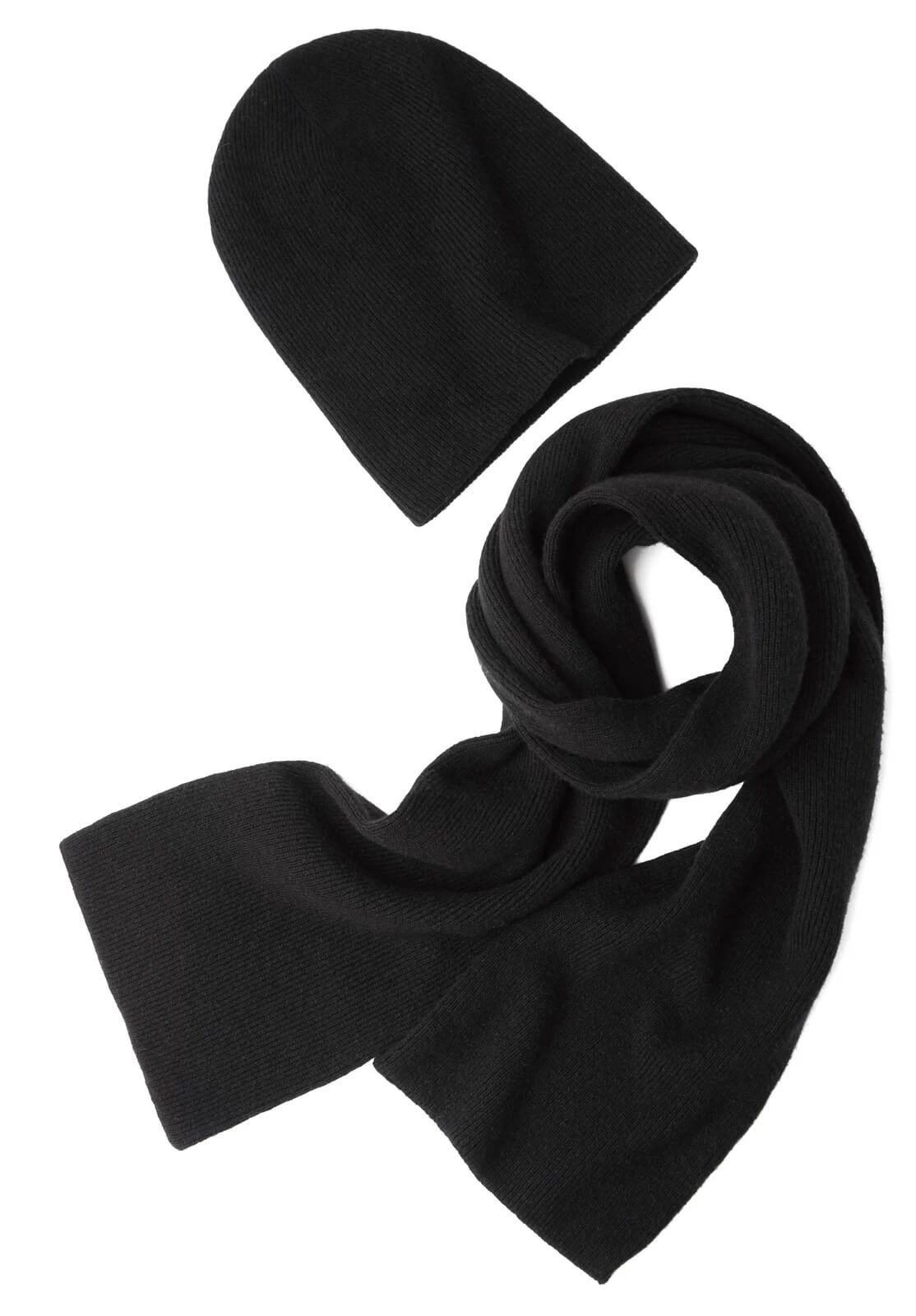 100% Cashmere Hat and Scarf Set Unisex Fine Rib Knit in black color for women