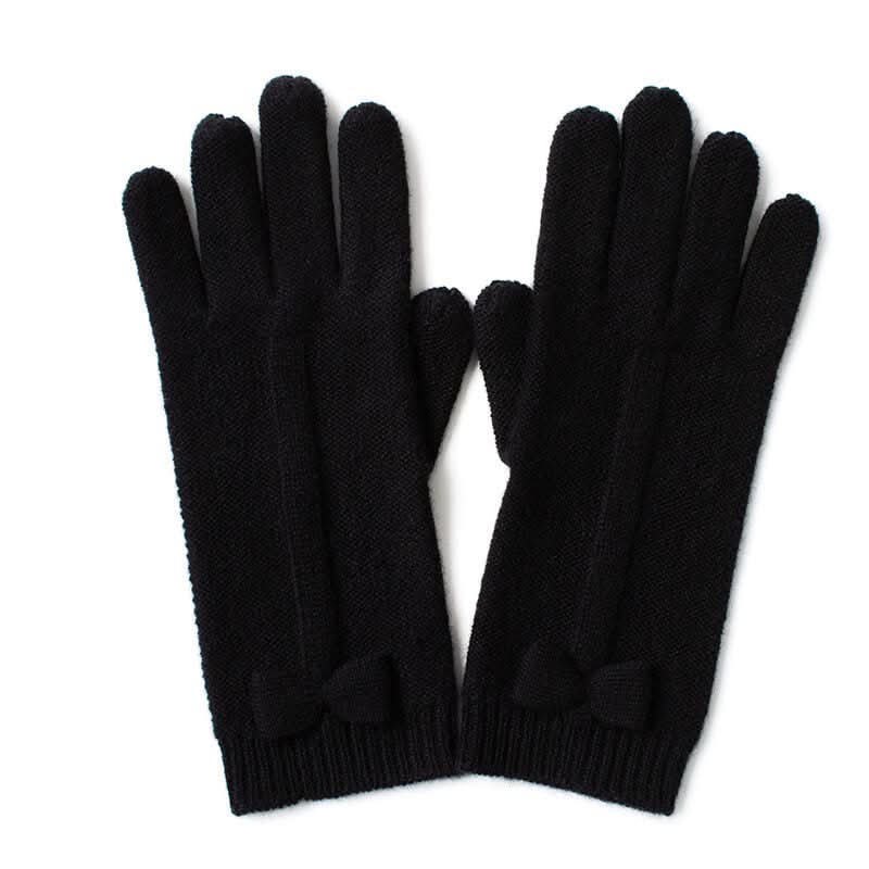 women pure cashmere gloves，Women’s 100% Cashmere Gloves with Bow Detail in black 