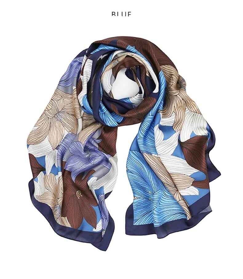 Blue lily flower print twill silk shawl 180×65 cm