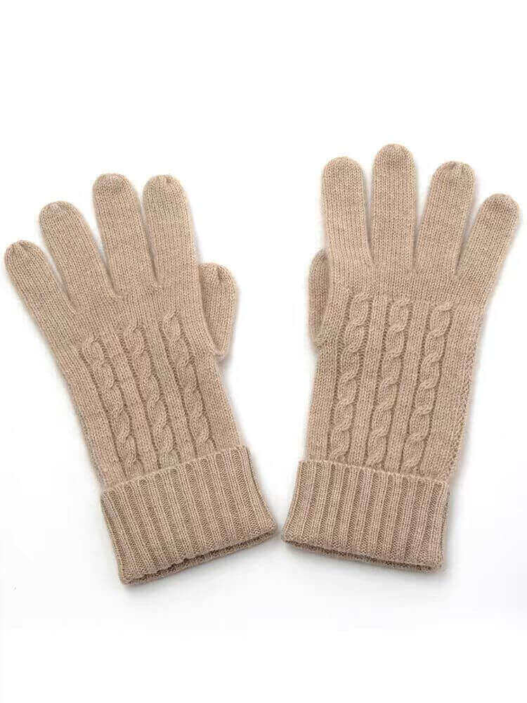 women cashmere sand color gloves cable knitted