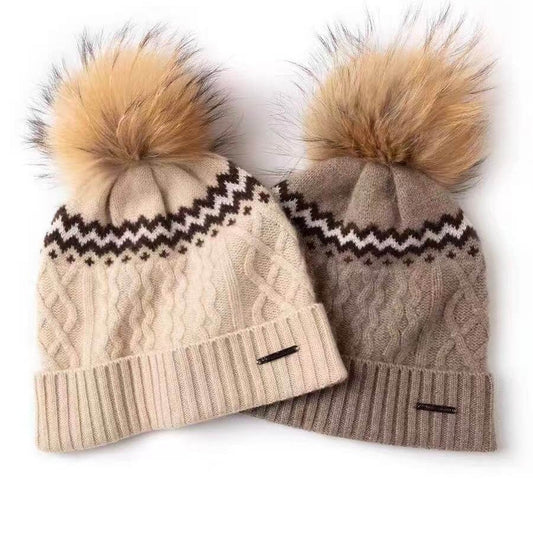 Women’s 100% Cashmere Cable Knit Pom Pom Hat in camel and dark camel 