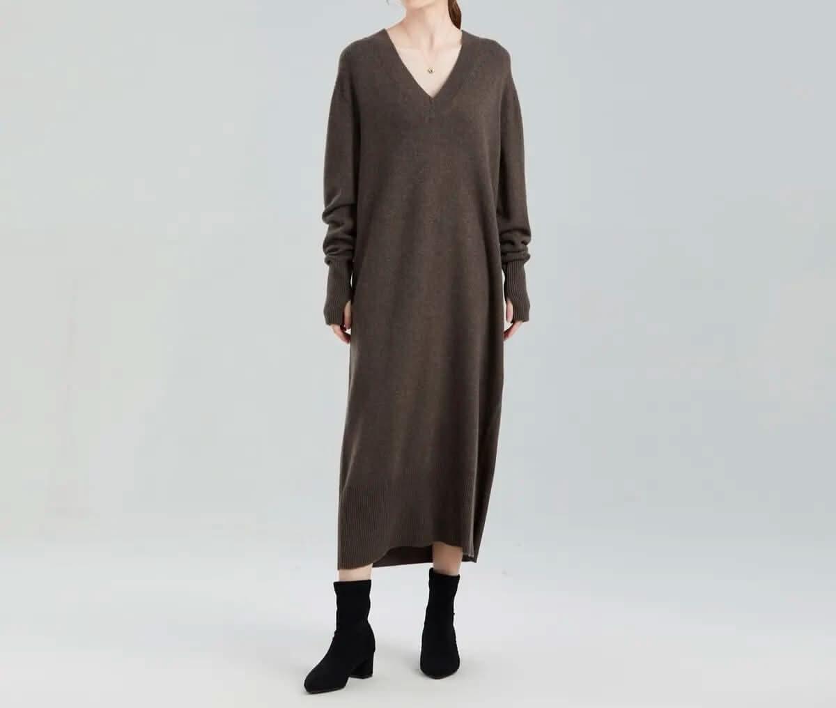 women's baby Cashmere V neck dress Sweater in dark brown