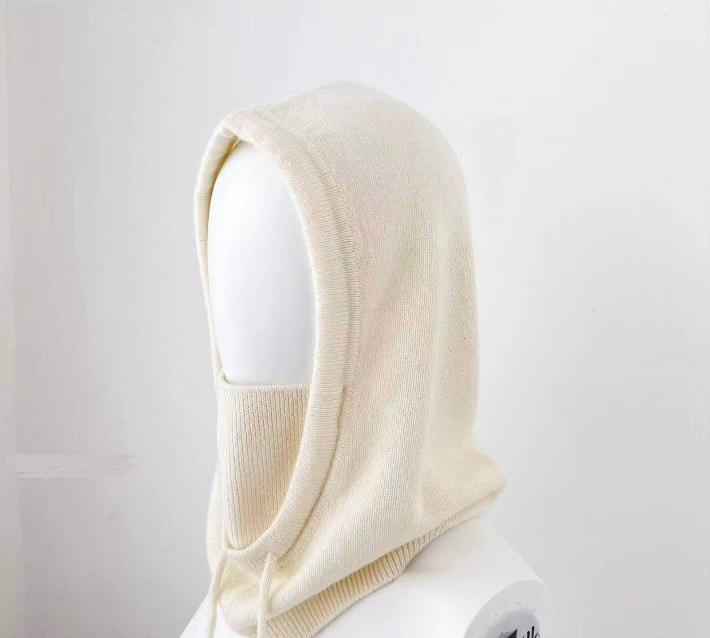 100% Cashmere Balaclava for Women – Thick Double-Knit Cashmere Hood Scarf with Adjustable Drawstring