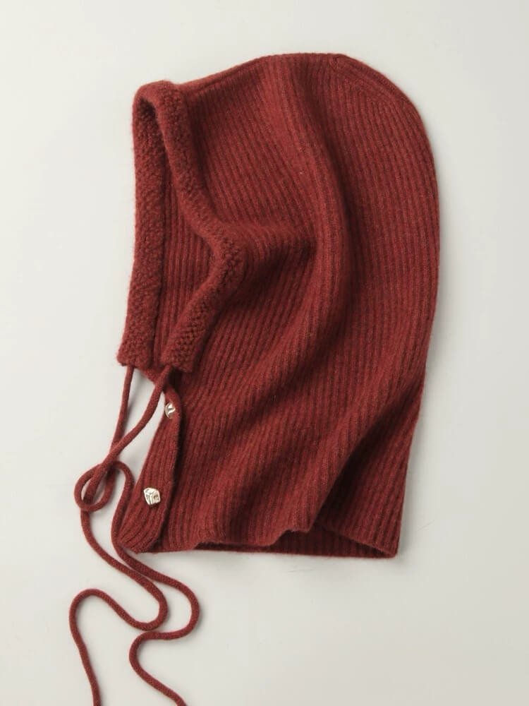 	Wine red cashmere balaclava with gold-tone details