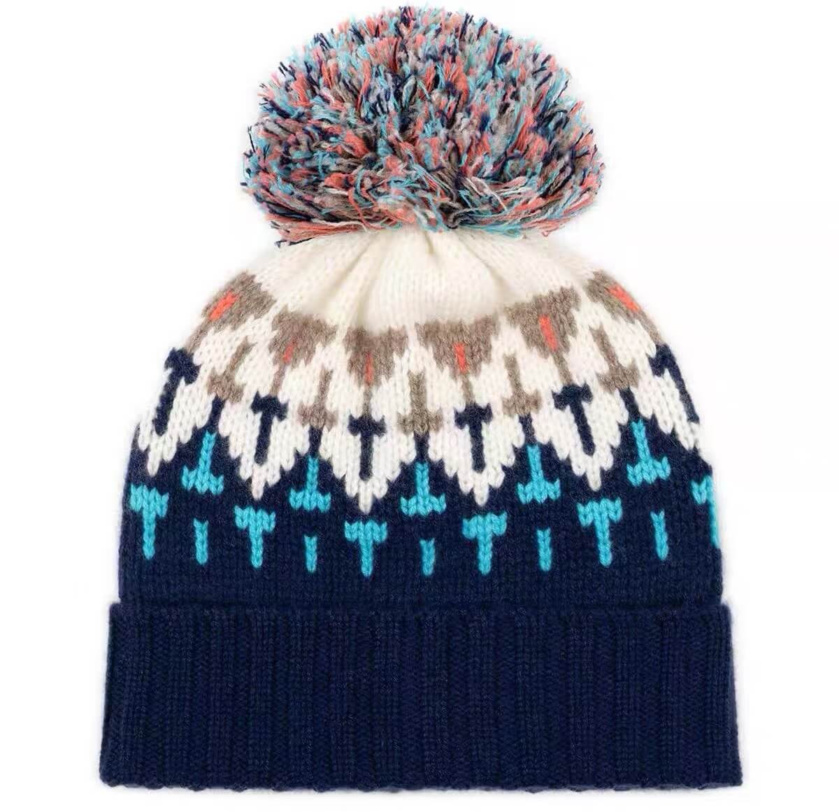 Women's cashmere beanie pom pom hats in navy blue