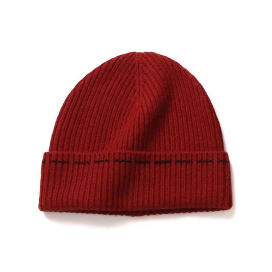 women's pure cashmere beanie hats,Red cashmere ribbed beanie with contrast cuff