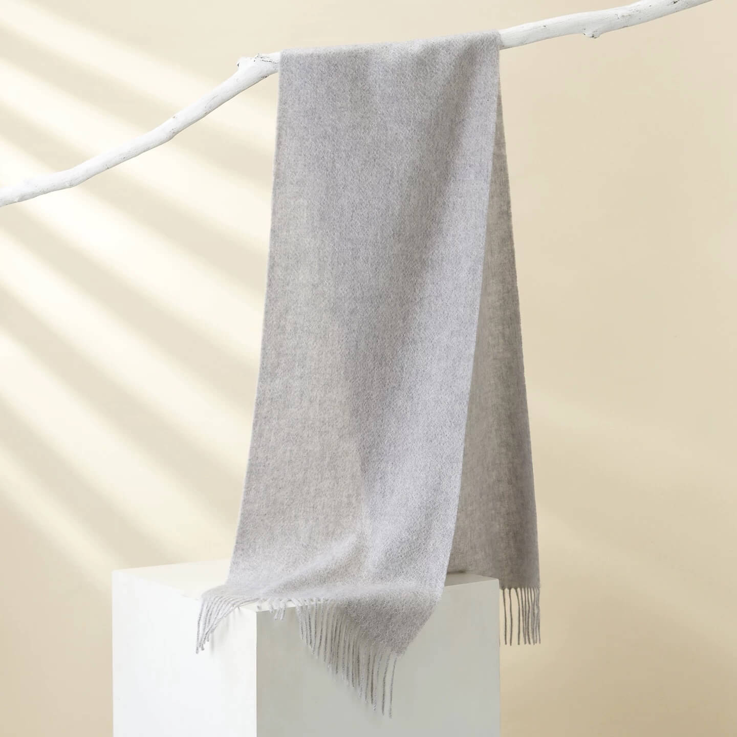 Light grey cashmere scarf, minimalist and cozy look,	pure cashmere scarf