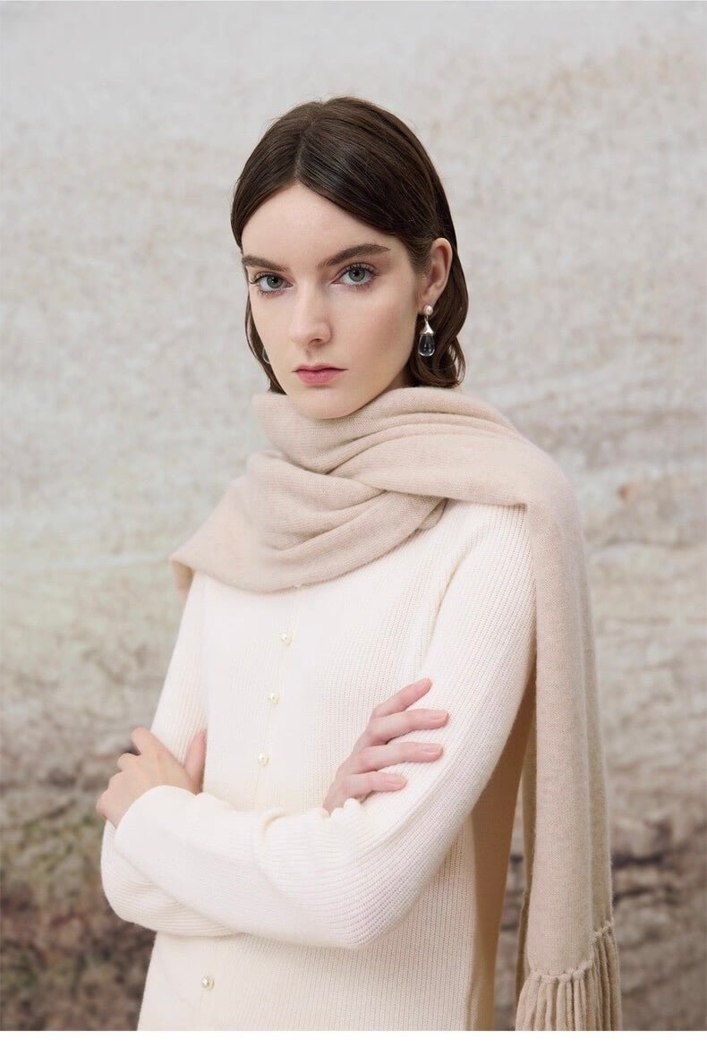 .	Pure cashmere shawl with handmade tassels, warm oatmeal color