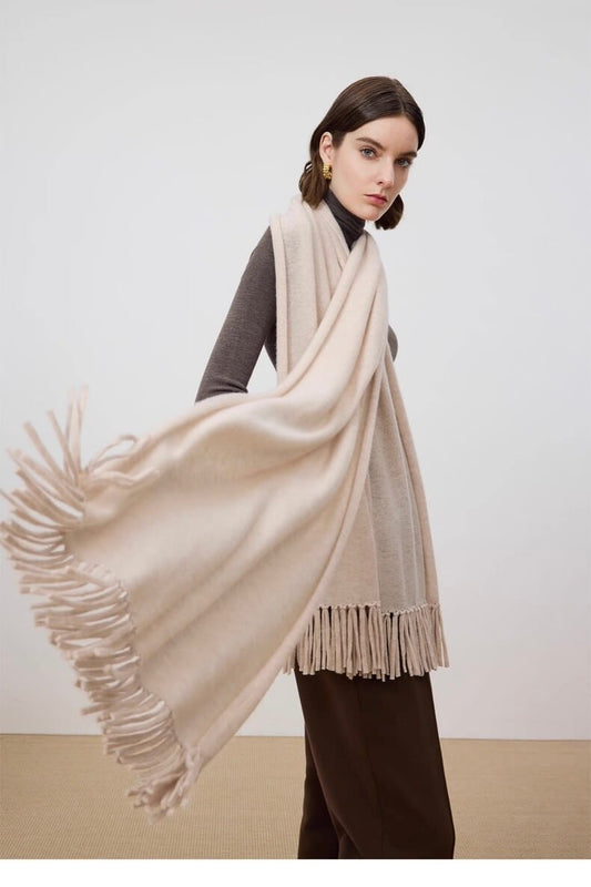 Women's 100% Pure Cashmere Knit Shawl Wrap with Fringe in beige color