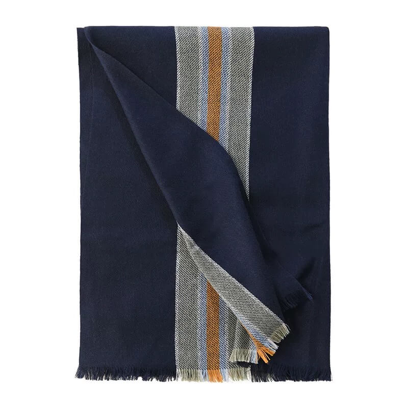 100% Cashmere Double-Sided Scarf – Navy Blue Stripes