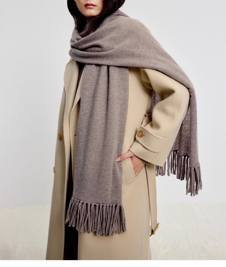 Light gray knitted cashmere scarf for women, soft and elegant winter accessory