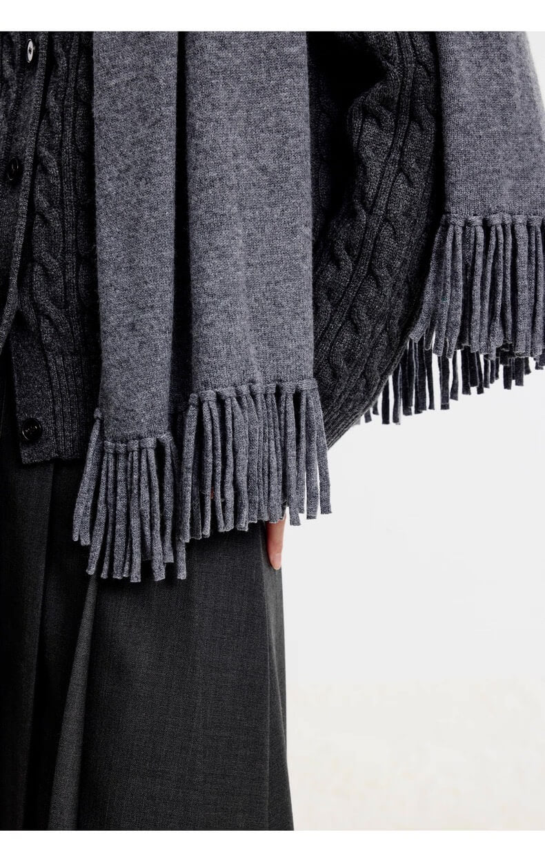 Elegant women’s cashmere fringed shawl, soft knit texture in heather gray