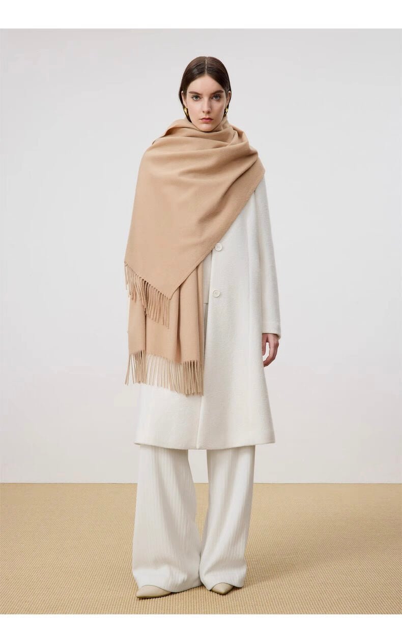100% cashmere woven shawl in solid beige with water wave texture
