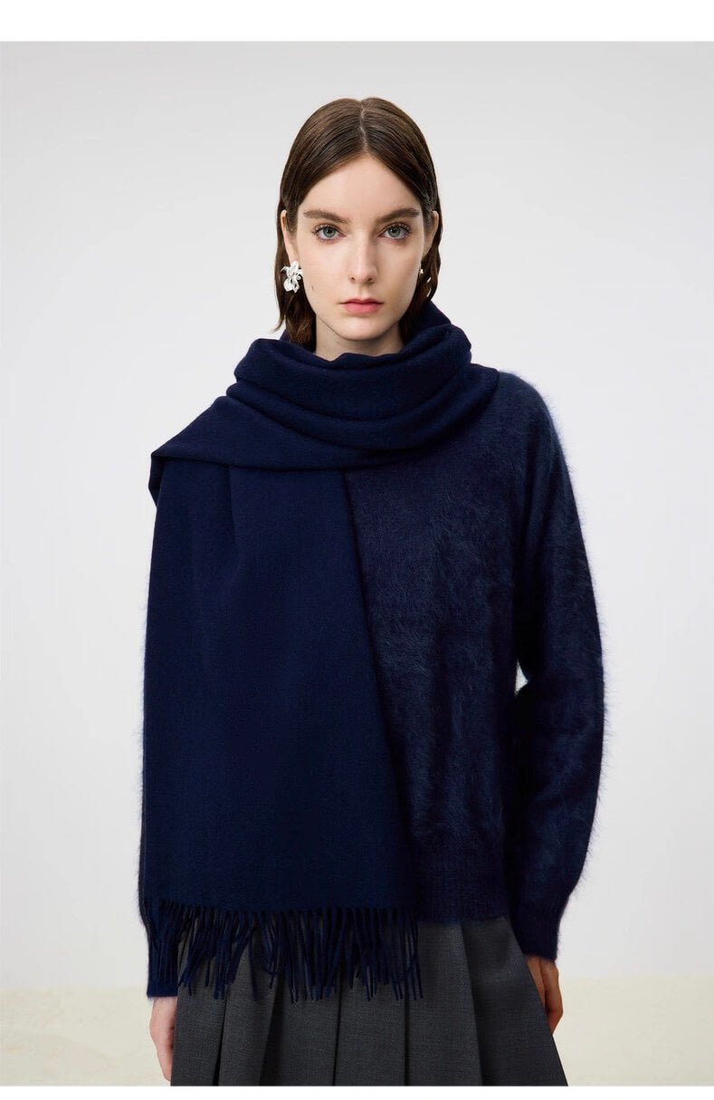 Woman wearing a dark blue 100% cashmere shawl scarf 