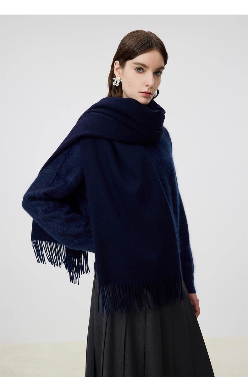 Woman wearing a dark blue 100% cashmere shawl scarf, luxury cashmere wrap