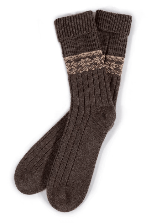 Women's jacquard cashmere mid-calf socks brown color