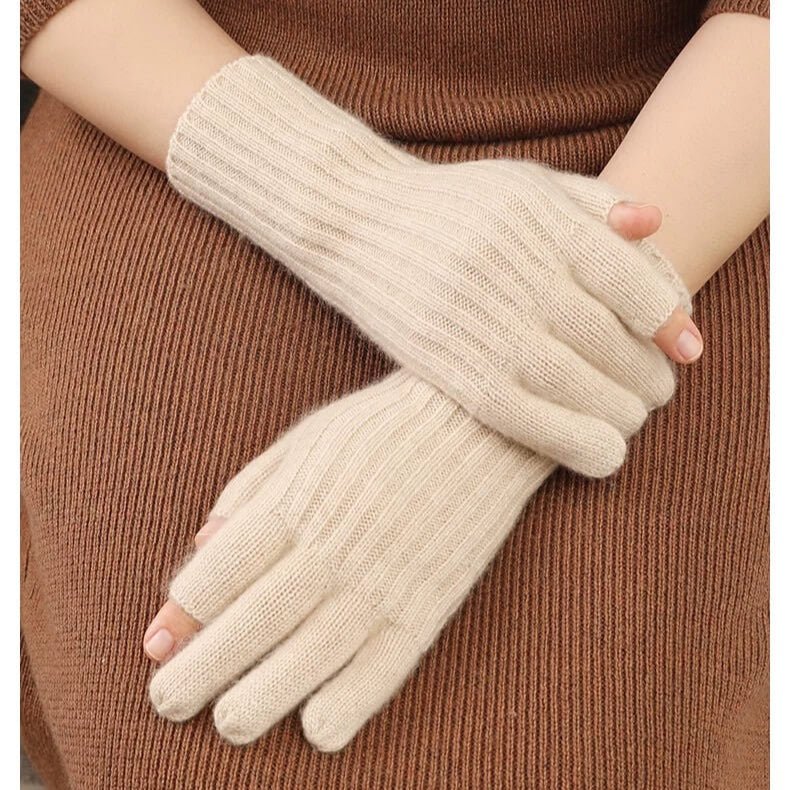 100% Cashmere Long Fingerless Gloves – Ribbed Cuffs, Touch-Friendly Design