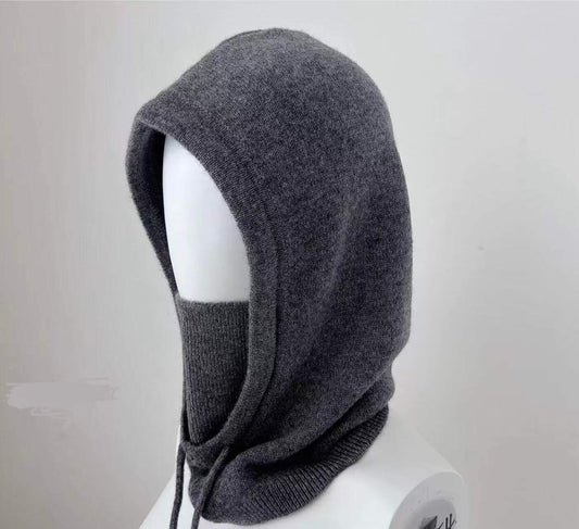 100% Cashmere Balaclava for Women – Thick Double-Knit Cashmere Hood Scarf with Adjustable Drawstring